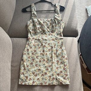 Trixxi Sage Green Floral Square-Neck Mini Dress